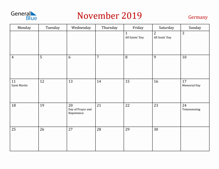 Germany November 2019 Calendar - Monday Start