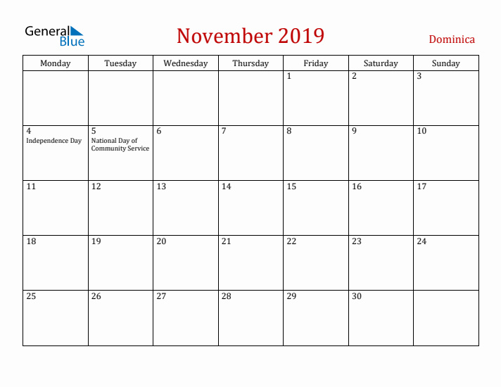 Dominica November 2019 Calendar - Monday Start
