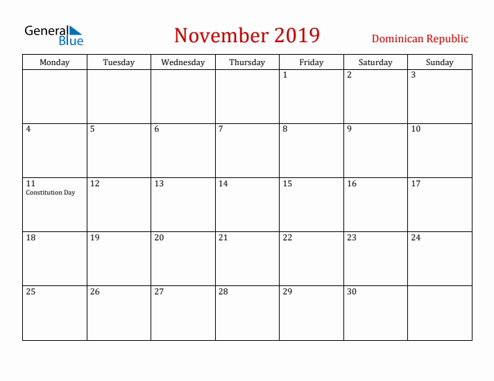 Dominican Republic November 2019 Calendar - Monday Start