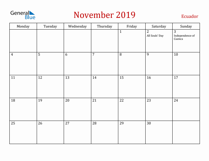 Ecuador November 2019 Calendar - Monday Start