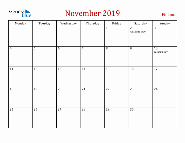 Finland November 2019 Calendar - Monday Start
