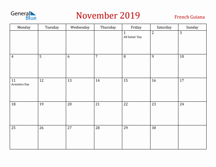 French Guiana November 2019 Calendar - Monday Start