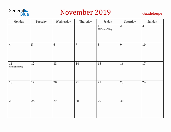 Guadeloupe November 2019 Calendar - Monday Start