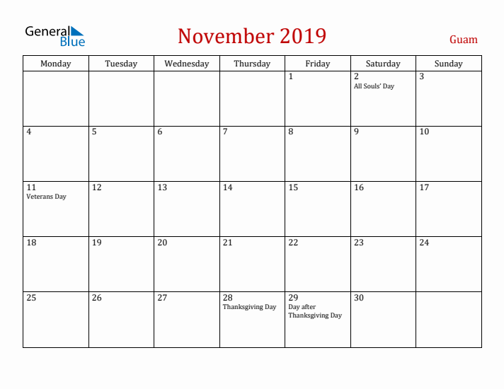 Guam November 2019 Calendar - Monday Start