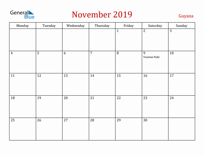 Guyana November 2019 Calendar - Monday Start