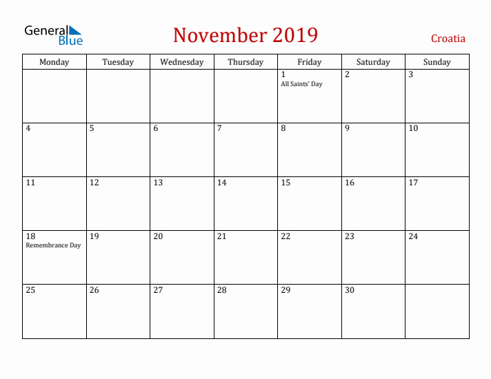 Croatia November 2019 Calendar - Monday Start