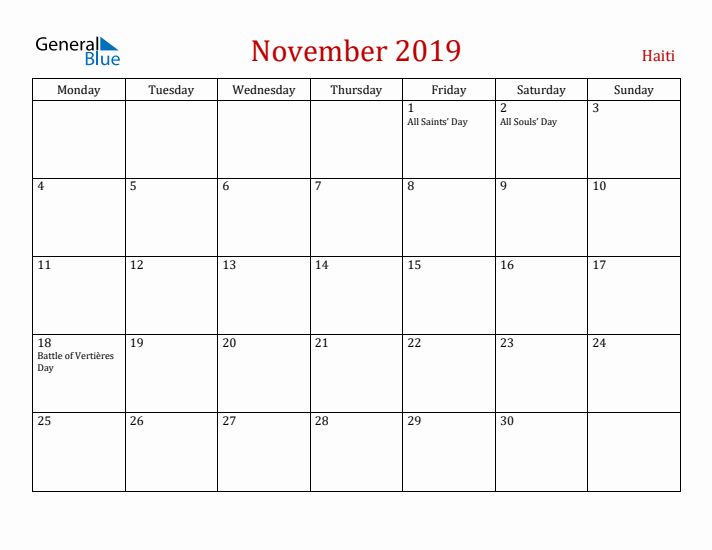 Haiti November 2019 Calendar - Monday Start
