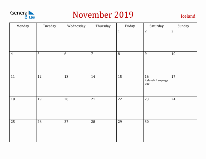 Iceland November 2019 Calendar - Monday Start
