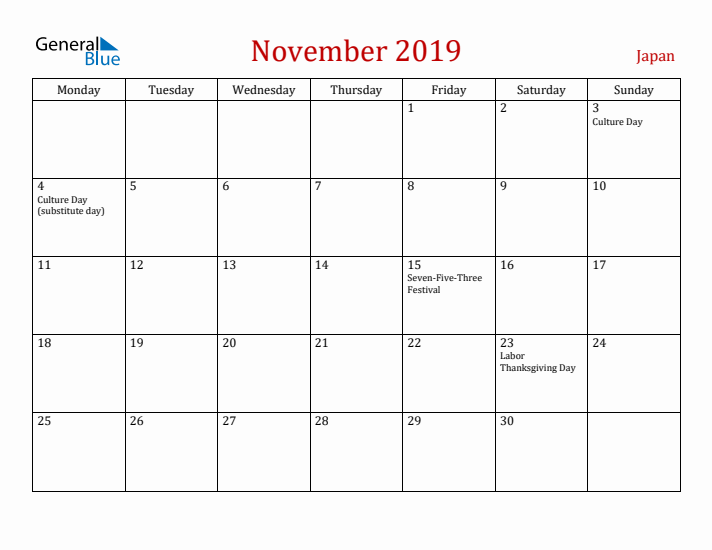 Japan November 2019 Calendar - Monday Start