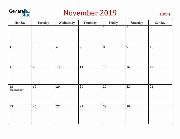 Latvia November 2019 Calendar - Monday Start