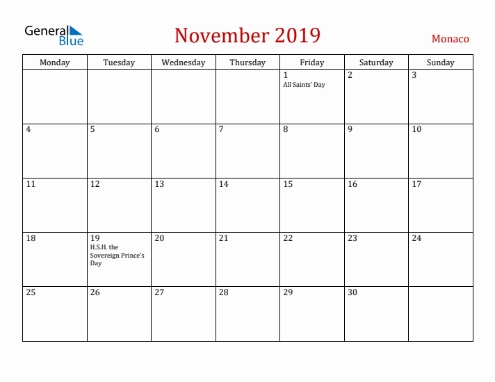 Monaco November 2019 Calendar - Monday Start