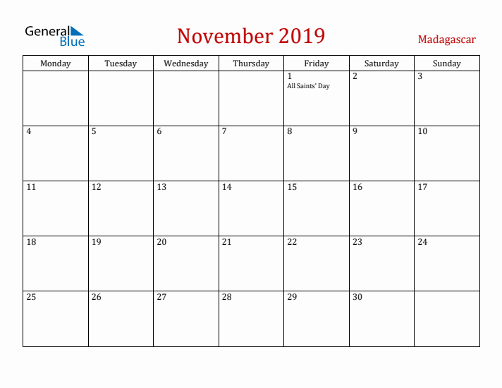 Madagascar November 2019 Calendar - Monday Start