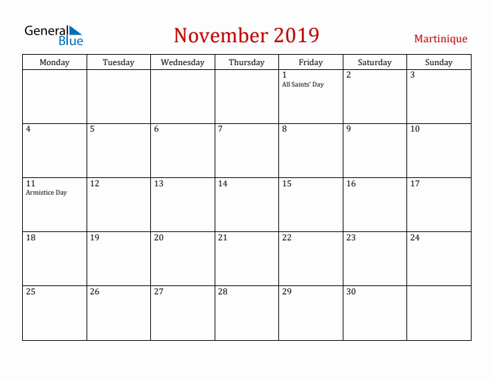 Martinique November 2019 Calendar - Monday Start