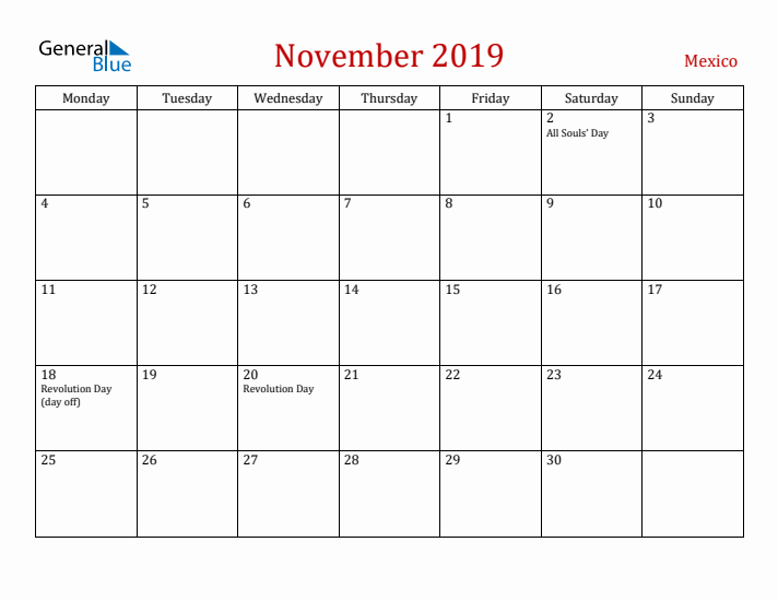 Mexico November 2019 Calendar - Monday Start