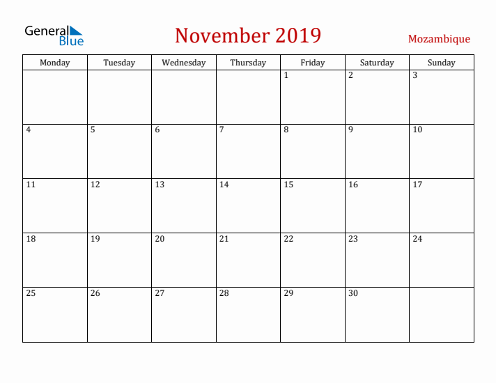Mozambique November 2019 Calendar - Monday Start