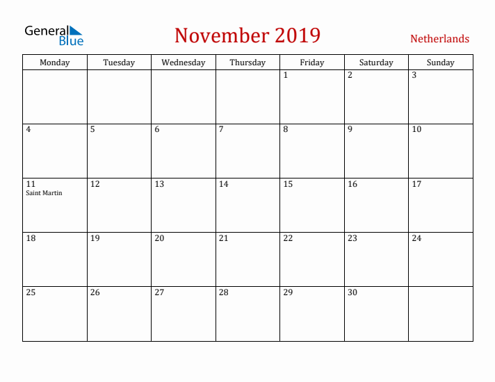 The Netherlands November 2019 Calendar - Monday Start
