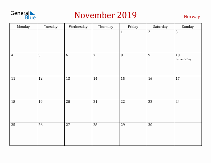 Norway November 2019 Calendar - Monday Start