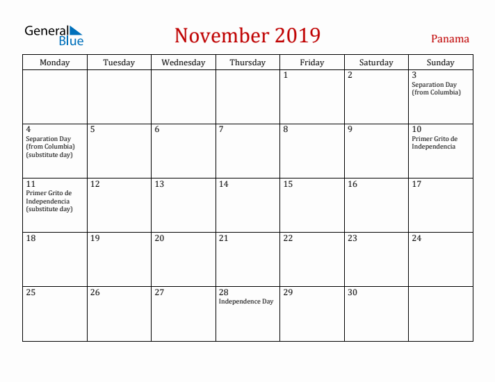 Panama November 2019 Calendar - Monday Start