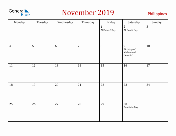 Philippines November 2019 Calendar - Monday Start
