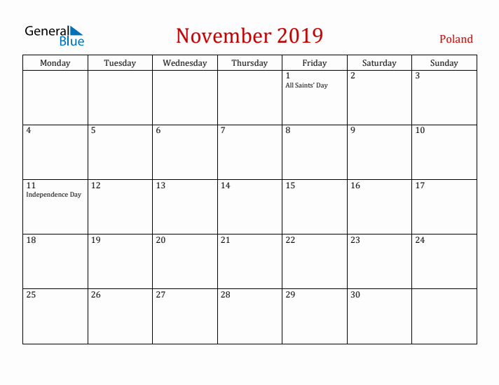 Poland November 2019 Calendar - Monday Start
