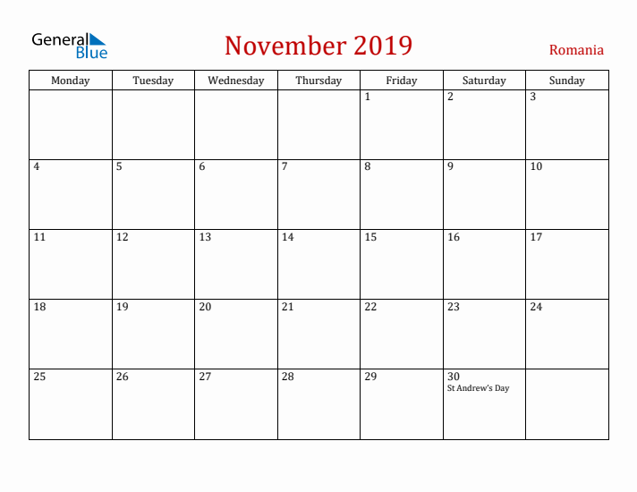 Romania November 2019 Calendar - Monday Start