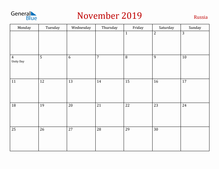 Russia November 2019 Calendar - Monday Start