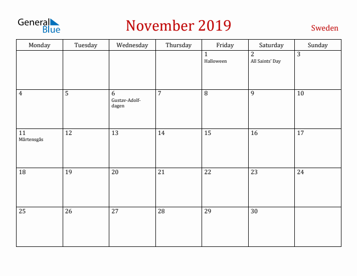 Sweden November 2019 Calendar - Monday Start