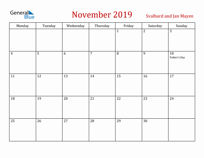 Svalbard and Jan Mayen November 2019 Calendar - Monday Start