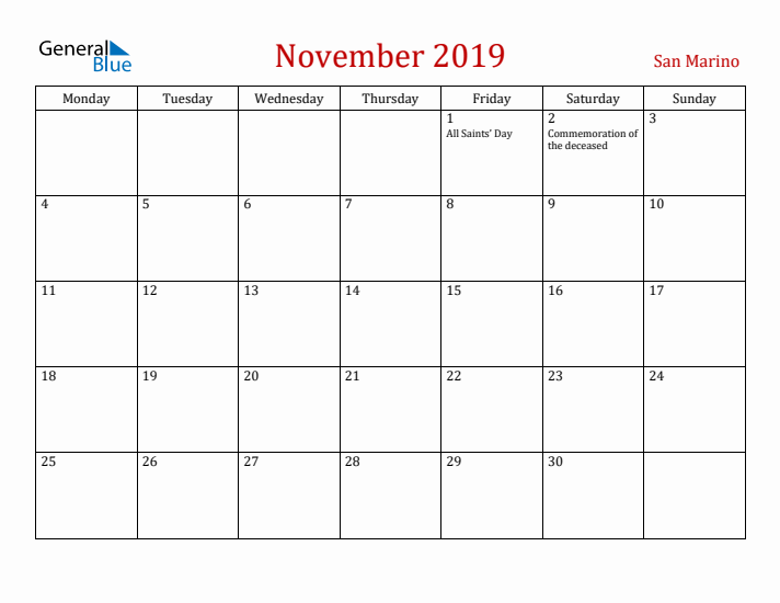 San Marino November 2019 Calendar - Monday Start