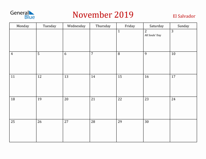El Salvador November 2019 Calendar - Monday Start