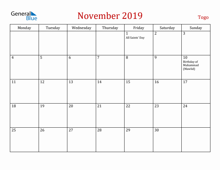 Togo November 2019 Calendar - Monday Start