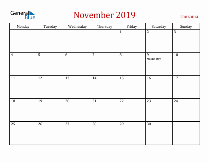 Tanzania November 2019 Calendar - Monday Start
