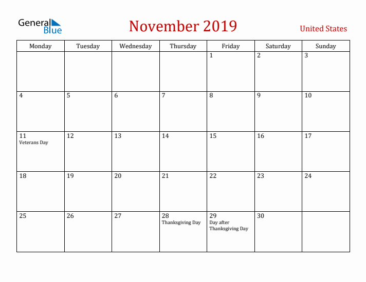 United States November 2019 Calendar - Monday Start