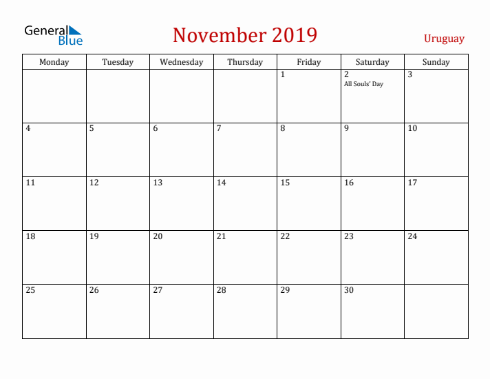 Uruguay November 2019 Calendar - Monday Start