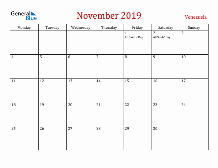 Venezuela November 2019 Calendar - Monday Start