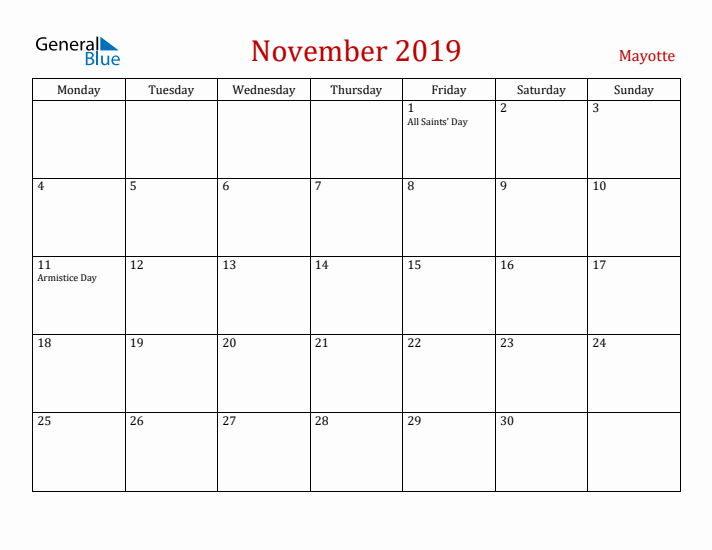 Mayotte November 2019 Calendar - Monday Start
