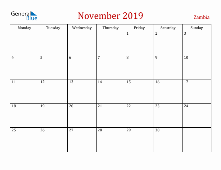 Zambia November 2019 Calendar - Monday Start