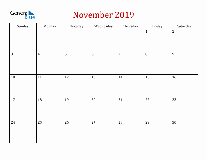 Blank November 2019 Calendar with Sunday Start
