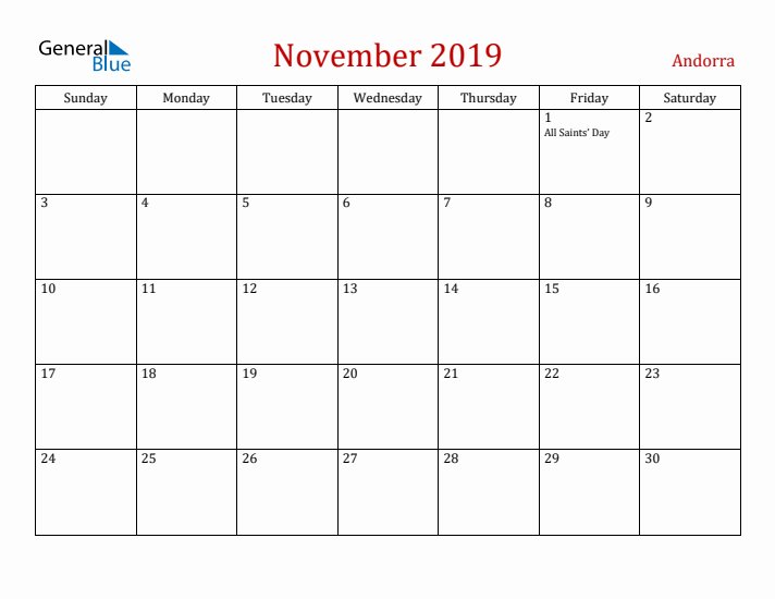 Andorra November 2019 Calendar - Sunday Start