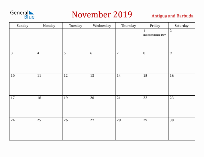 Antigua and Barbuda November 2019 Calendar - Sunday Start