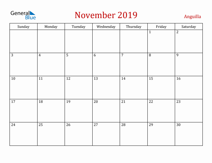 Anguilla November 2019 Calendar - Sunday Start