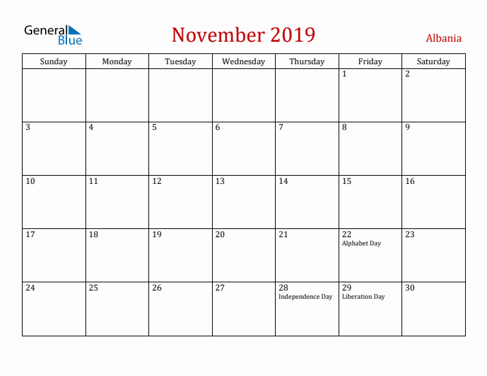 Albania November 2019 Calendar - Sunday Start