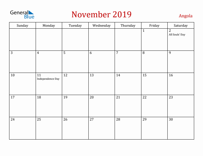 Angola November 2019 Calendar - Sunday Start