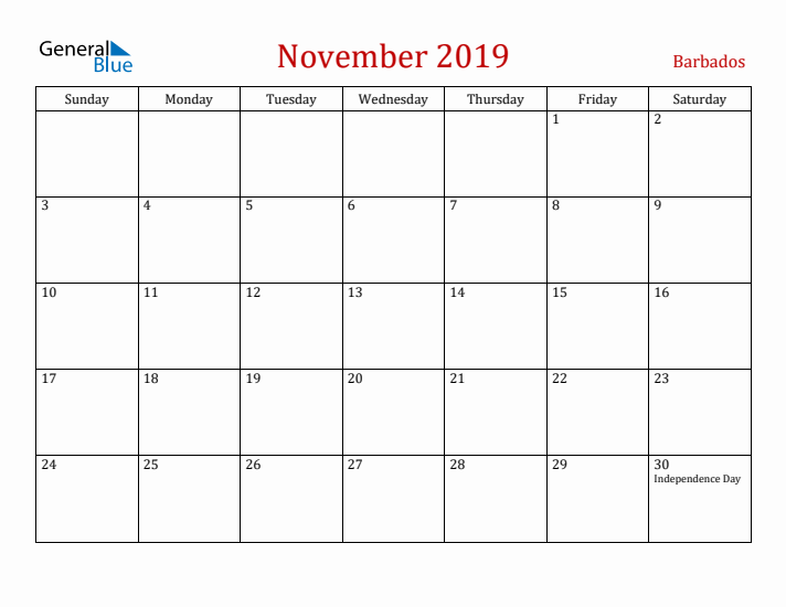 Barbados November 2019 Calendar - Sunday Start