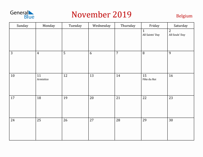 Belgium November 2019 Calendar - Sunday Start