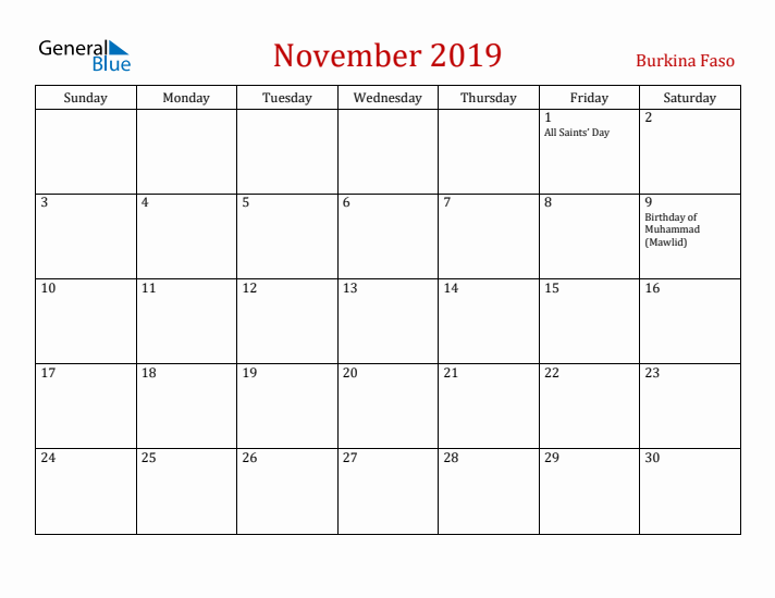 Burkina Faso November 2019 Calendar - Sunday Start