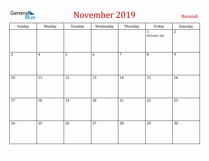 Burundi November 2019 Calendar - Sunday Start