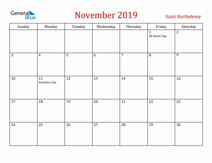 Saint Barthelemy November 2019 Calendar - Sunday Start