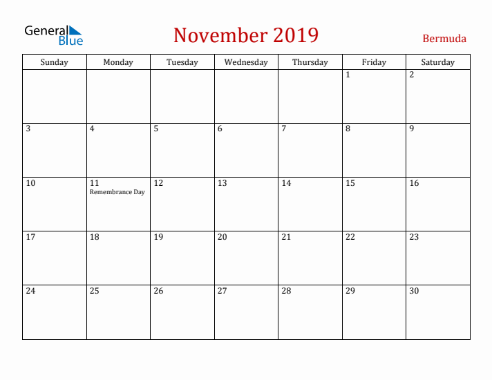 Bermuda November 2019 Calendar - Sunday Start