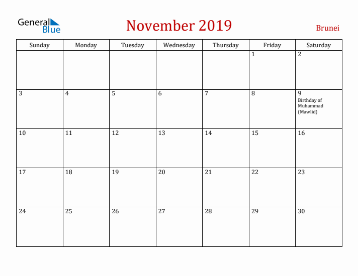 Brunei November 2019 Calendar - Sunday Start